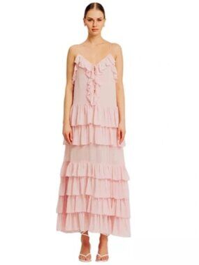 NWT Torn by Ronny Kobo Pink Ruffled Tiered Maxi Dress Size S